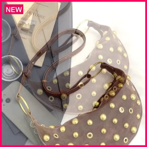 Studded Faux Suede Hobo Bag Adjustable Strap Zippered Pocket 11x6 Inches - Picture 8 of 8